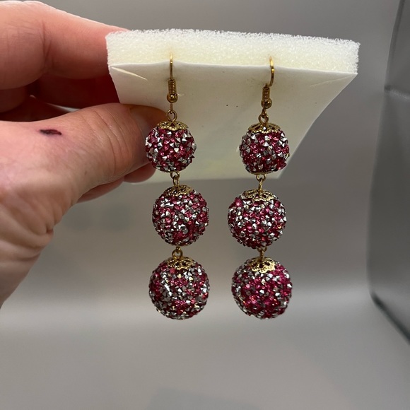 5230-PTT Boho SILVER/PINK CRYSTAL trim gold textured Balls Dangle Stud Earrings - Picture 9 of 9